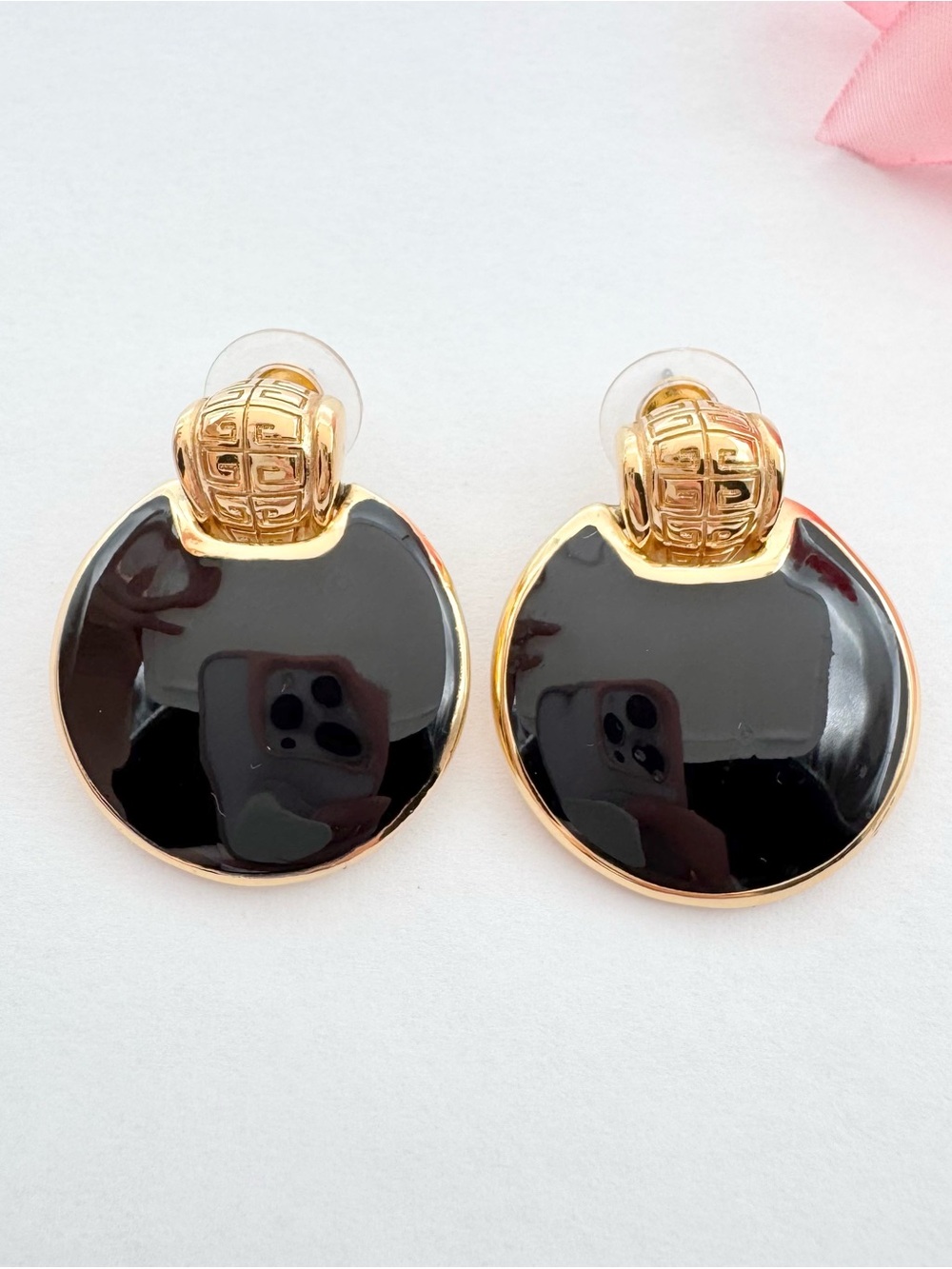 Rare 80s Vintage Givenchy Black Enamel Doorknocker Pierced Earrings Chic Runway